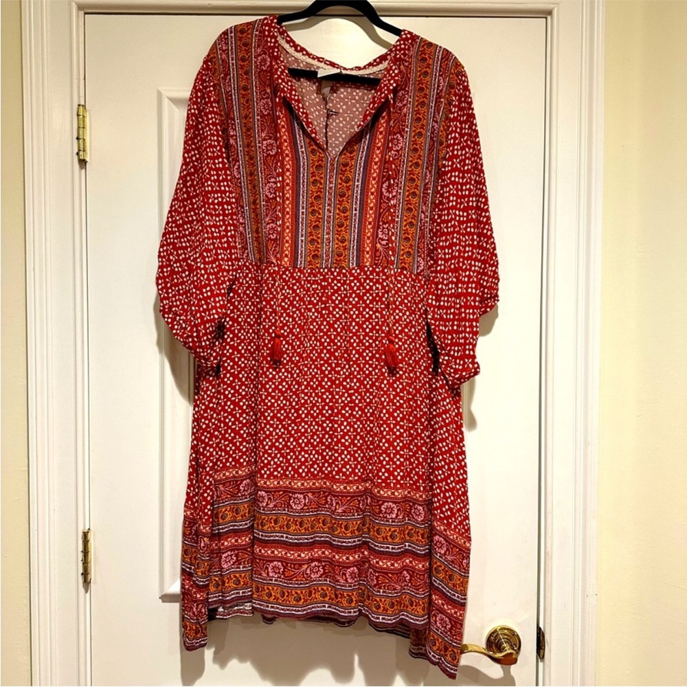 Knox Rose Red Boho Midi Dress with Tassel Tie